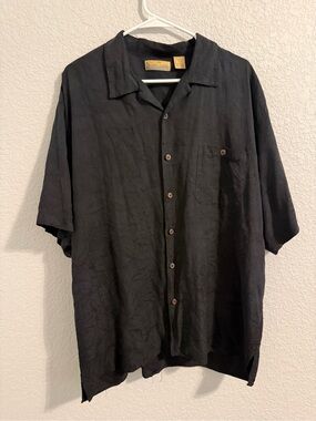 100% Silk Bobby Chan Black Floral Short Sleeve Button-Up Shirt Spread Collar XL